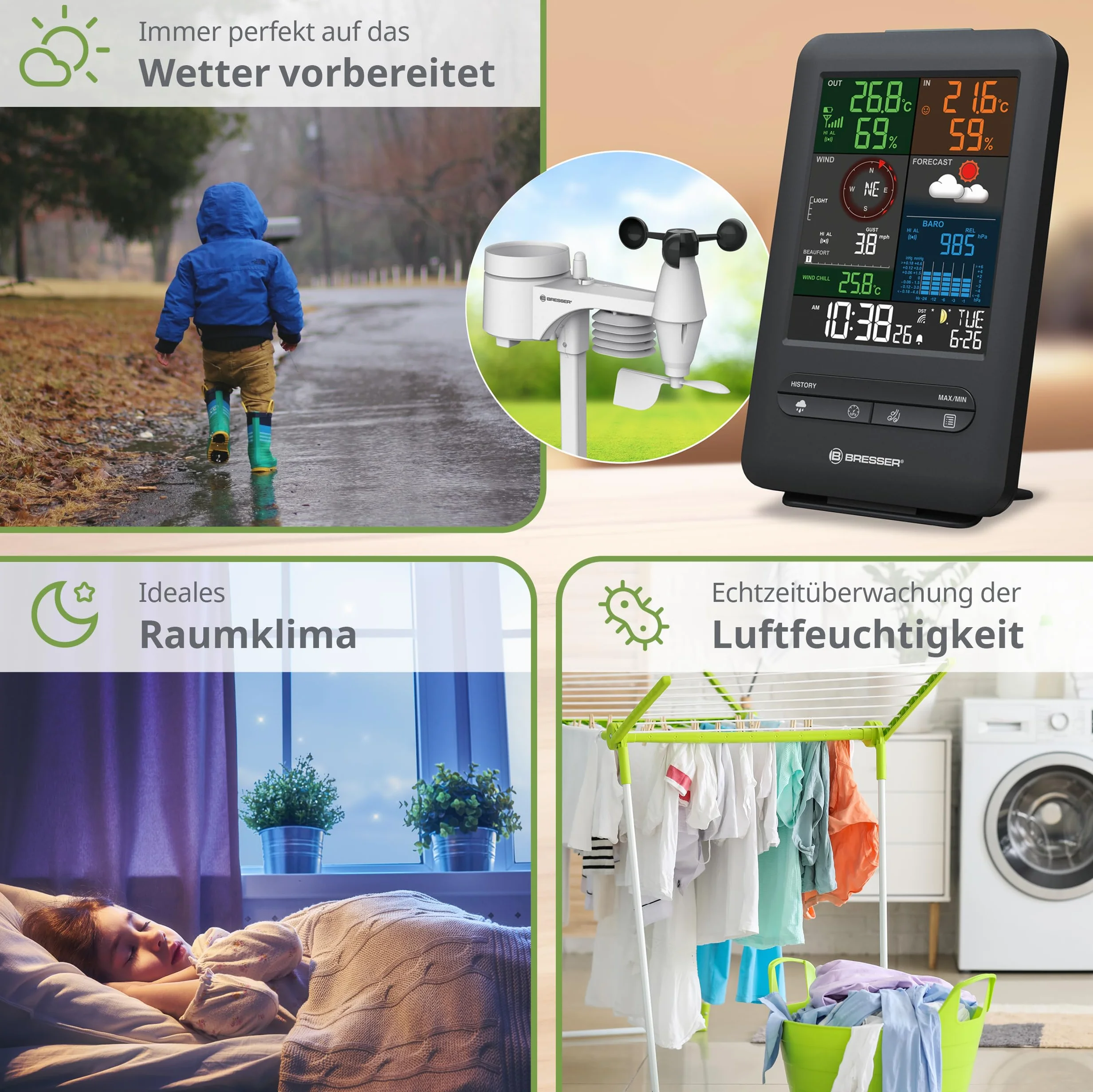 Bresser 7002525 Wetterstation Funk mit Außensensor 5-in-1 Beaufort mit großem Farbdisplay, Sensor für Temperatur, Luftfeuchtigkeit, Luftdruck, Windrichtung und Regenmesser, Schwarz, Einzigartig