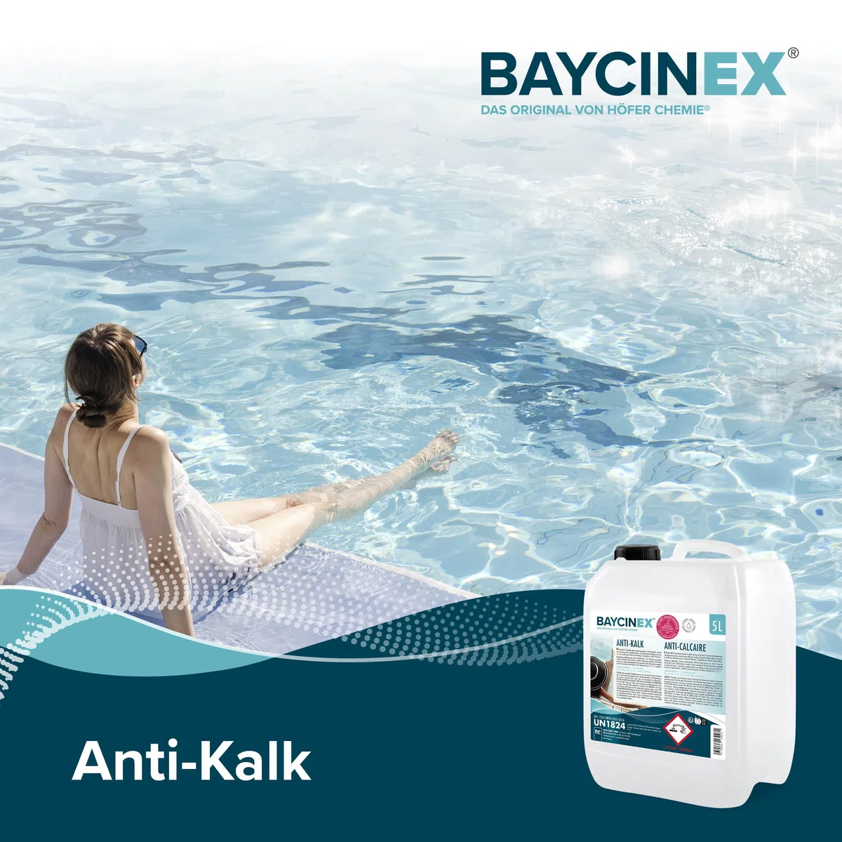 BAYCINEX Anti-Kalk Pool 5 L – Starker Pool Entkalker gegen Kalkablagerungen – Für Poolboden, Wände & Technik – Entfernt Kalk im gefüllten Pool – Kompatibel mit Allen Filtersystemen
