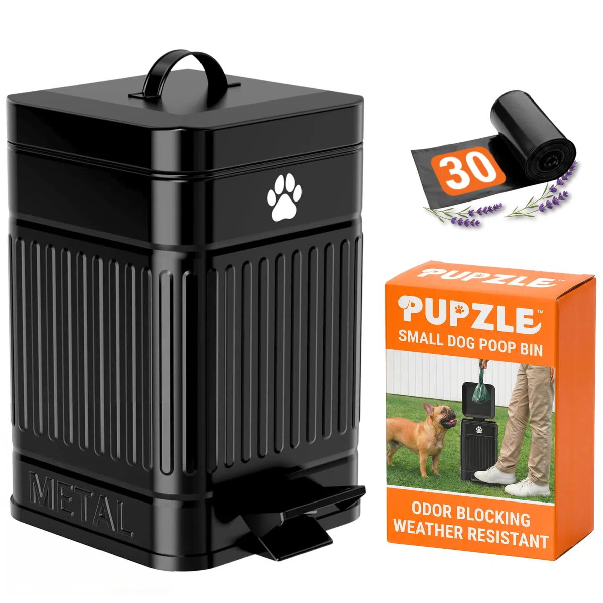 Pupzle Kleiner Hundekot-Mülleimer für den Außenbereich, 1,3 Liter, Metall, kleiner Koteimer für den Außenbereich mit Deckel, Kotbehälter, wasserdicht, Geruchskontrolle, 30 Beutel (schwarz)