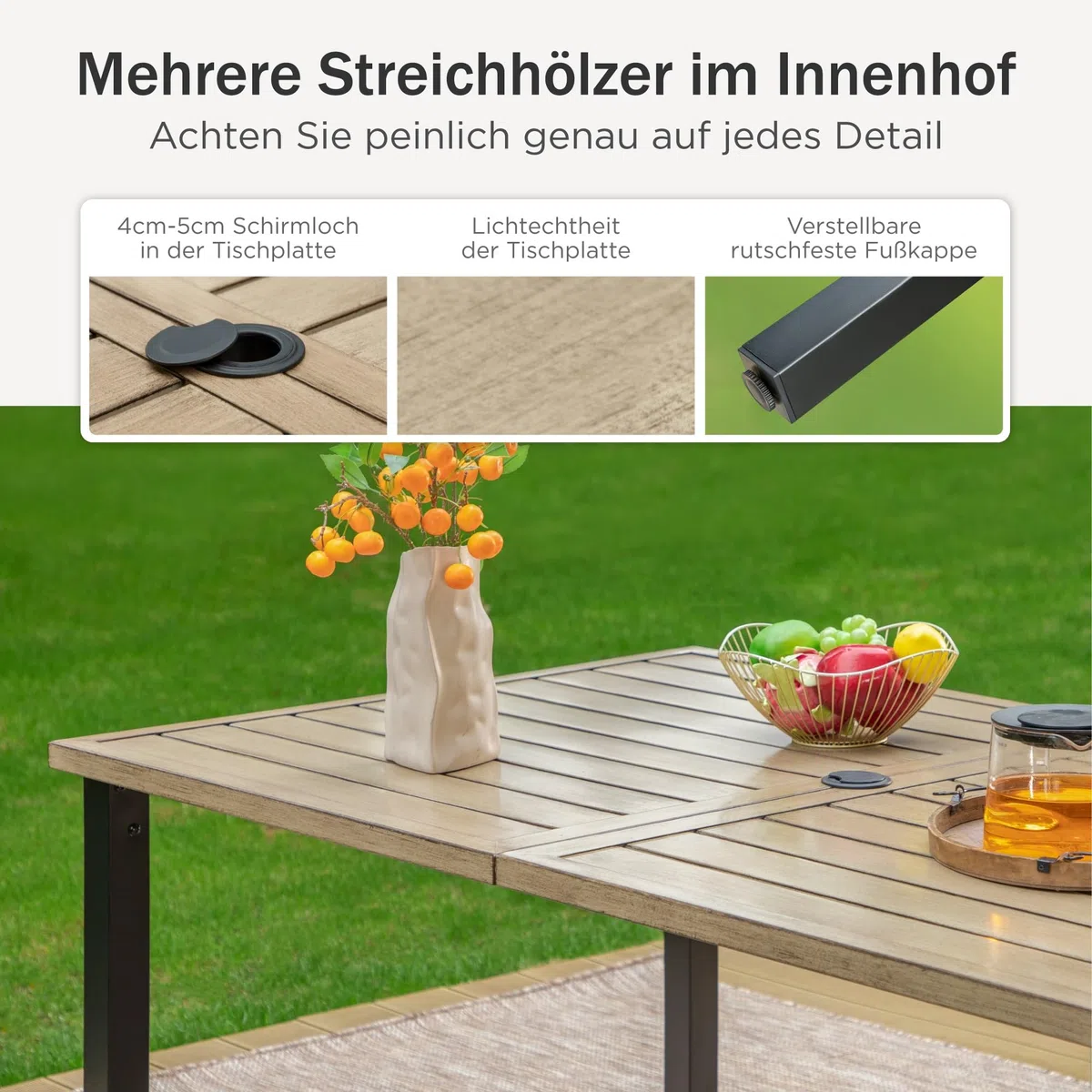 PHI VILLA Gartentisch mit Schirmloch Terrassentisch Gartentische Wetterfester 152x92x73cm Rechteckiger Outdoor Tisch mit Holzähnlicher Metall Tischplatte 4cm Schirmloch für Terrasse Bistro Garten
