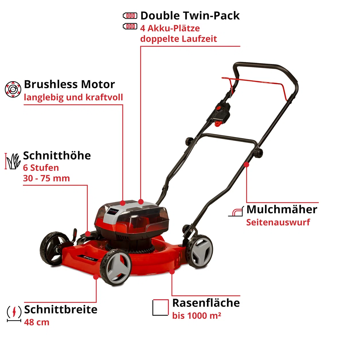 Einhell Akku-Rasenmäher GE-cm 36/48 Li M-Solo Power X-Change (36 V, 48 cm Schnittbreite, bis 1000 m², Brushless, Mulchrasenmäher, 30-75 mm Schnitthöhe, ohne Akku)