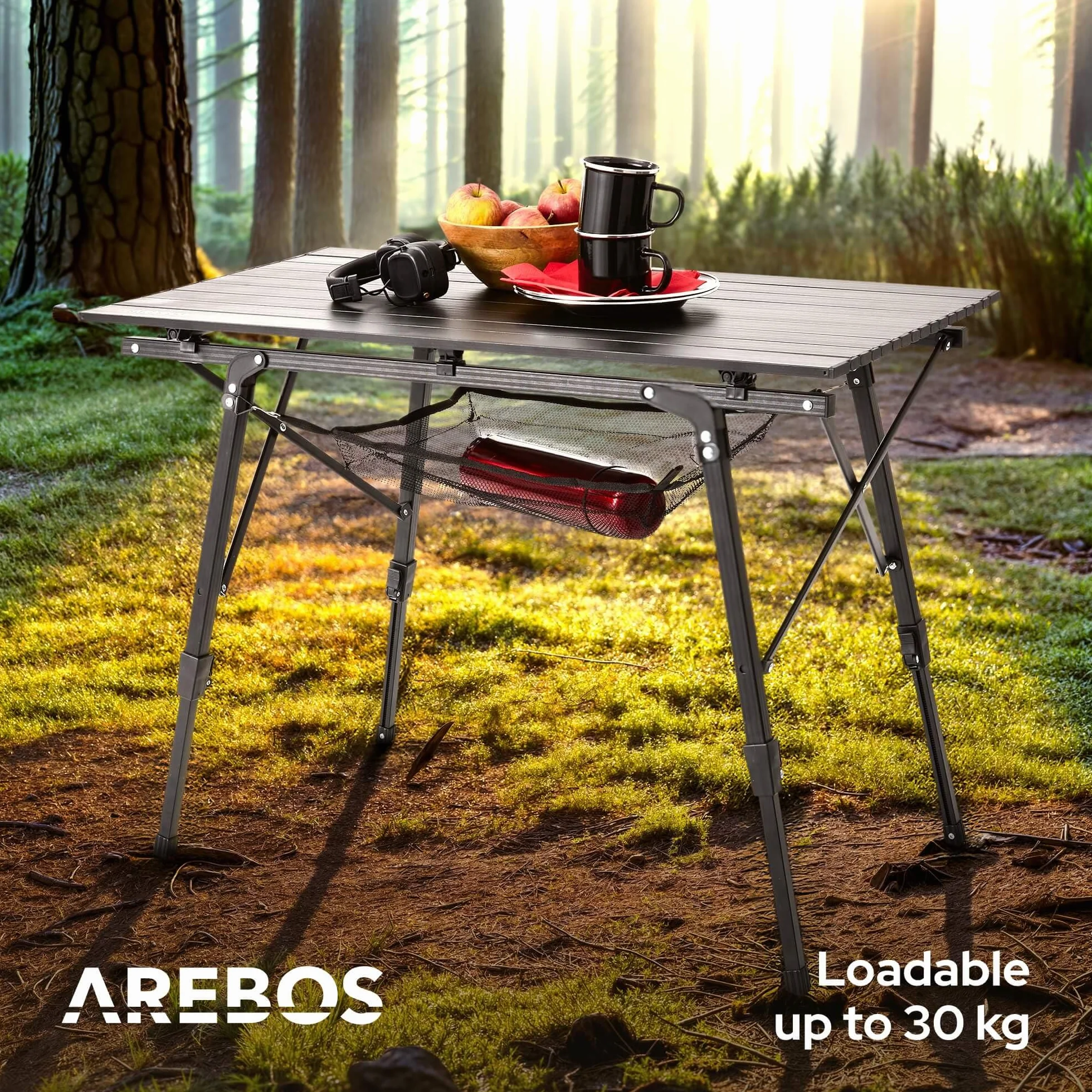 Arebos Campingtisch faltbar 120 x 70 cm | Klapptisch höhenverstellbar 58-78 cm | Camping Zubehör, Garten, Grill, Picknick | Camping Tisch klappbarer Falttisch | Reisetisch inkl. Tragetasche | Schwarz