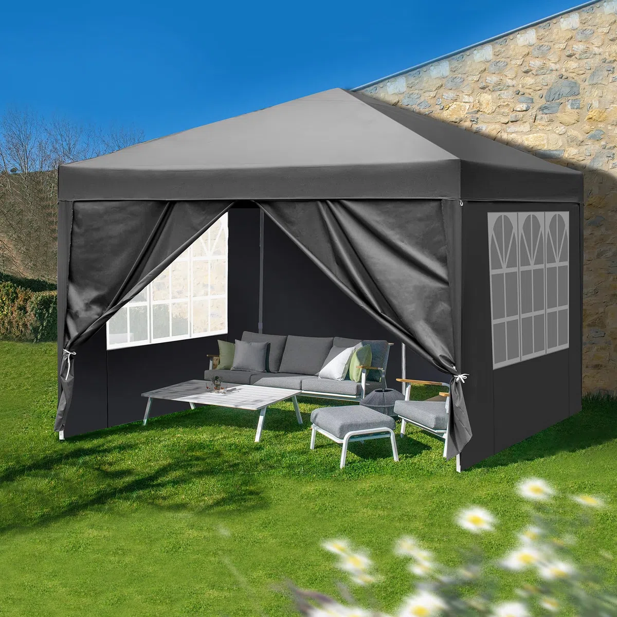 LEADZM Pavillon 3x3m,Pop-up Faltpavillon,Wasserdichter,Winterfest,Höhenverstellbar,UV Schutz 50+,Stahlrahmen,fur Garten,Party,Camping,Outdoor,mit 4 Seitenteilen,Dunkelgrau