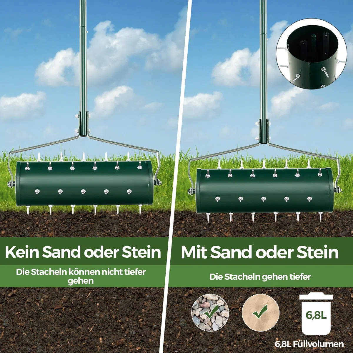 COSTWAY Rasenlüfter Walze manuell, 53 x 130 cm, Rasenrolle mit Stiel & Nägeln, Handvertikutierer rollend, Rasenbelüfter Gartenwalze, Vertikutierer Rasenwalze Garten Hof Rasen, Grün