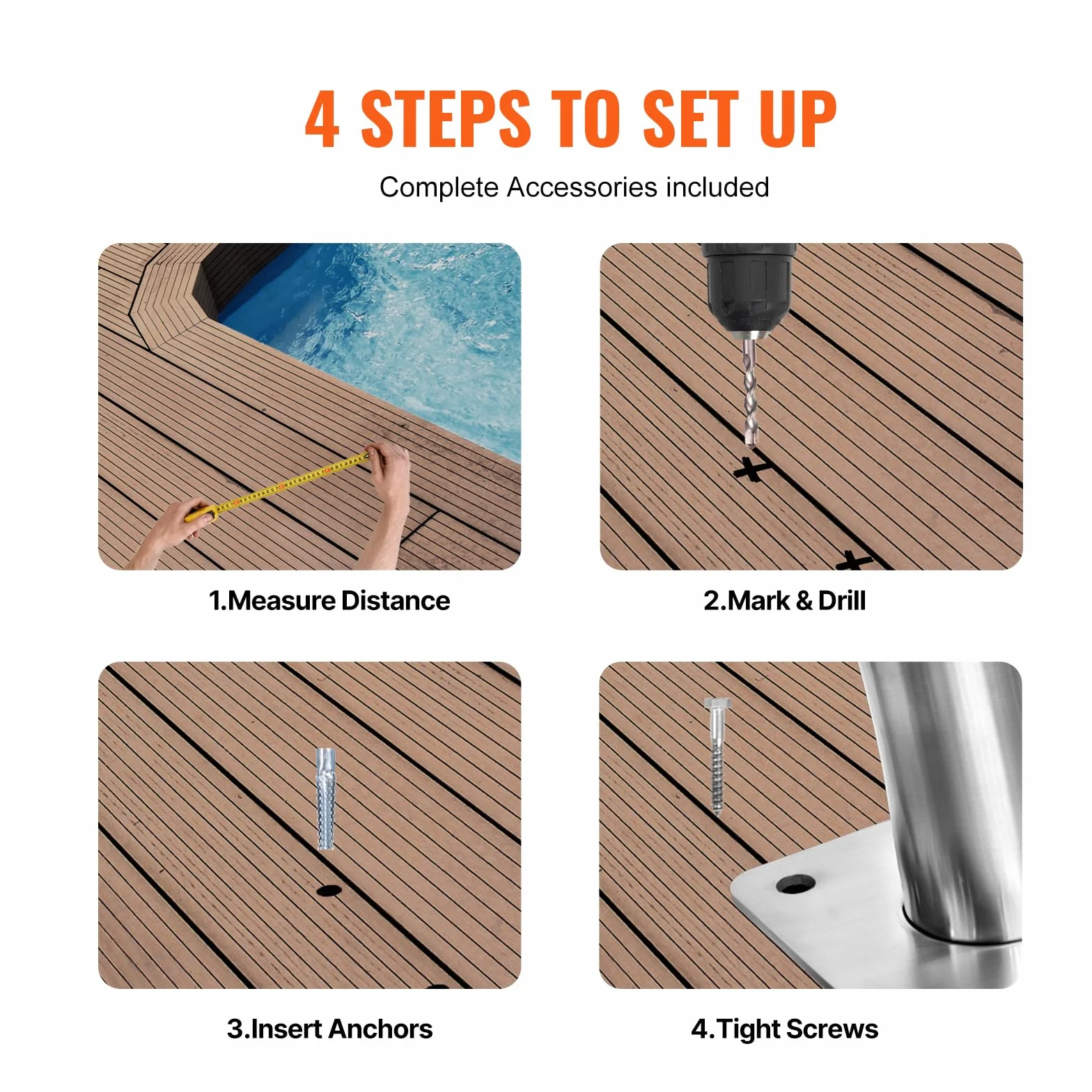 VEVOR Pool-Handlauf, 1395 x 810 x 100 mm Pooleinstieg Edelstahl mit Grundplatte für Innen-/Außenpools, Einstieghilfe für Decks, rostfreier Haltegriff mit Griffabdeckung und Zubehör für Spas