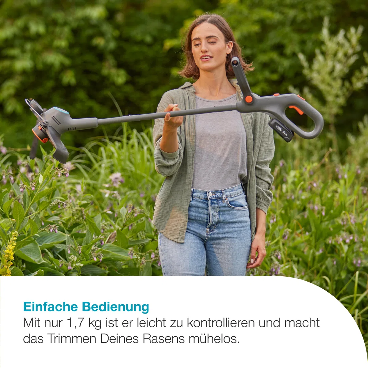 Gardena Akku-Rasentrimmer EasyTrim 25/18V P4A Solo: Leichtgewicht, Kantenschnitt, Teleskopgriff, Ergonomisch, Kabellos (14704-55)