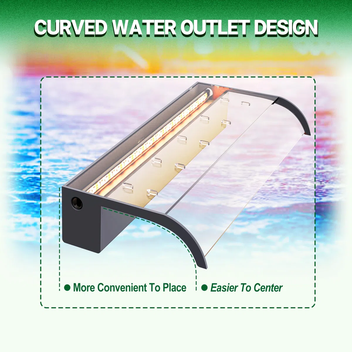 LONGRUN 30cm Teich Wasserfall Klingen Set, Acryl Gebogener Wasserfall Überlauf, Außenpool Brunnen mit 7 Farben LED Lichtern und Fernbedienung, Breite 26cm