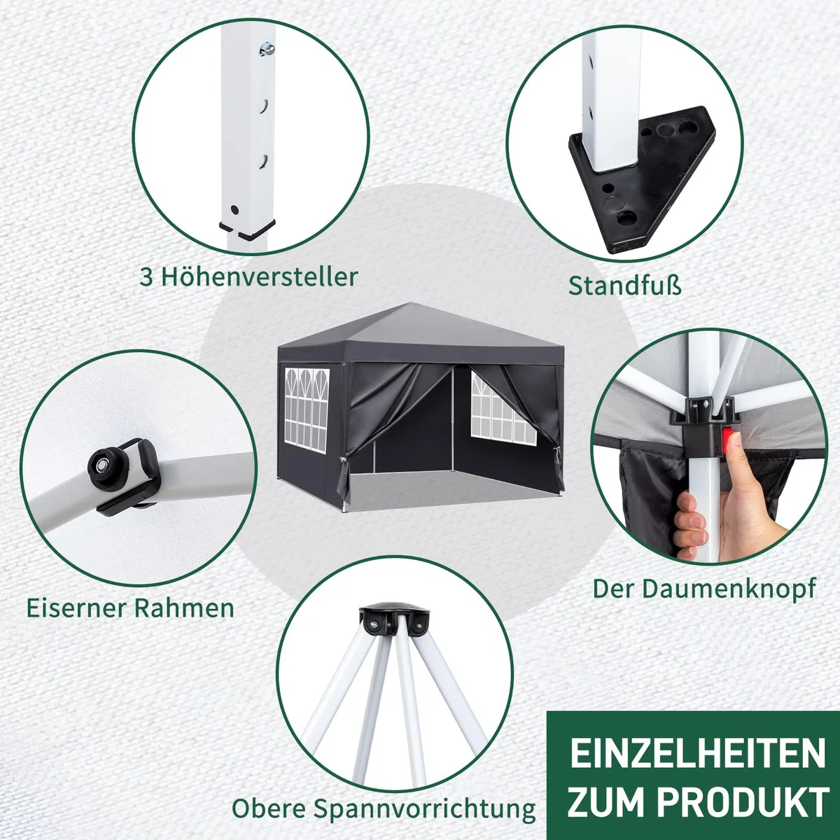 LEADZM Pavillon 3x3m,Pop-up Faltpavillon,Wasserdichter,Winterfest,Höhenverstellbar,UV Schutz 50+,Stahlrahmen,fur Garten,Party,Camping,Outdoor,mit 4 Seitenteilen,Dunkelgrau