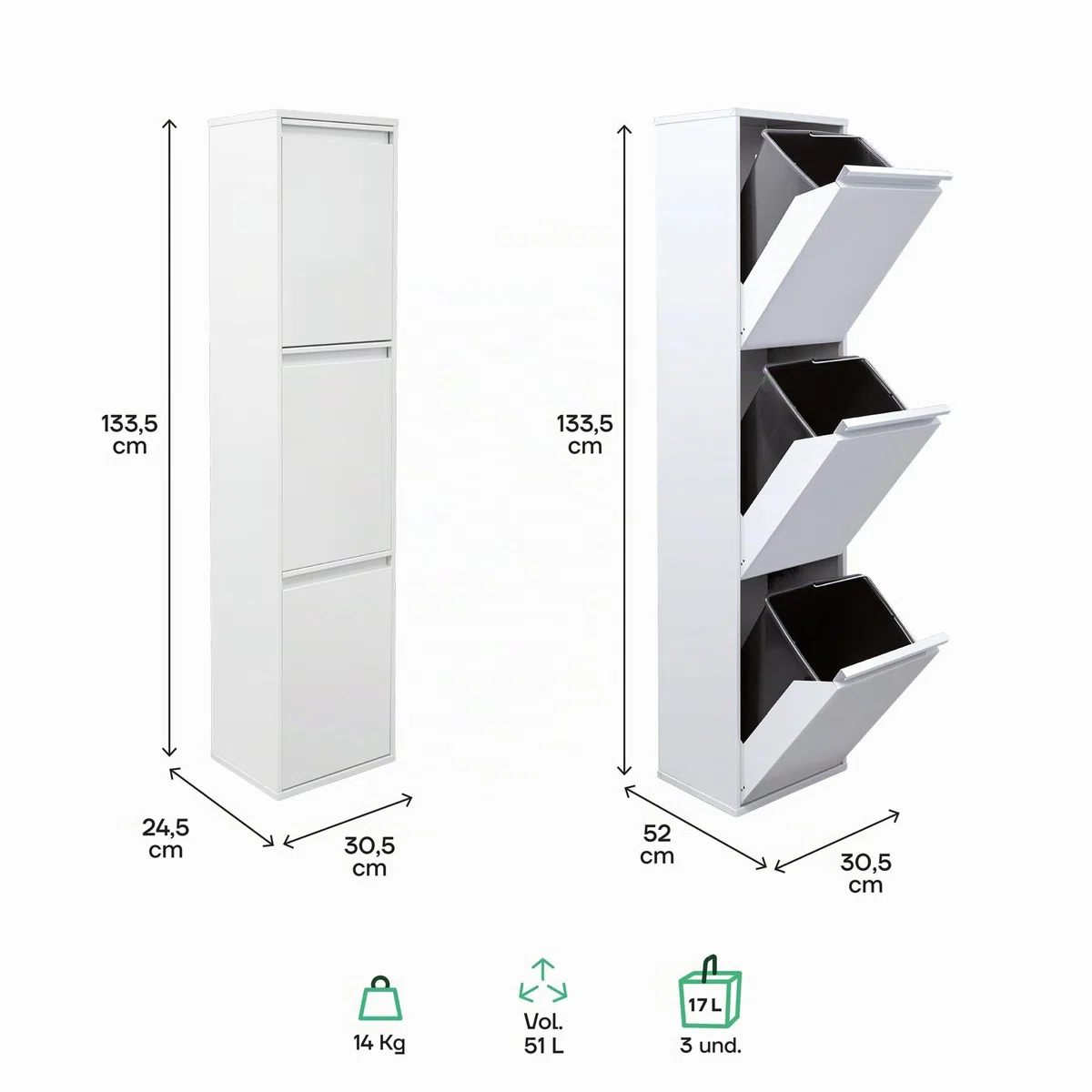 ARREGUI Basic CR301-B Mülltrennsystem aus Stahl | 3 Fächer Mülleimer für die Küche | 3 Fach Abfalleimer | 3x17L (51L) | Herausnehmbare Inneneimer mit Griff | Recycling Schrank für Mülltrennung | weiß
