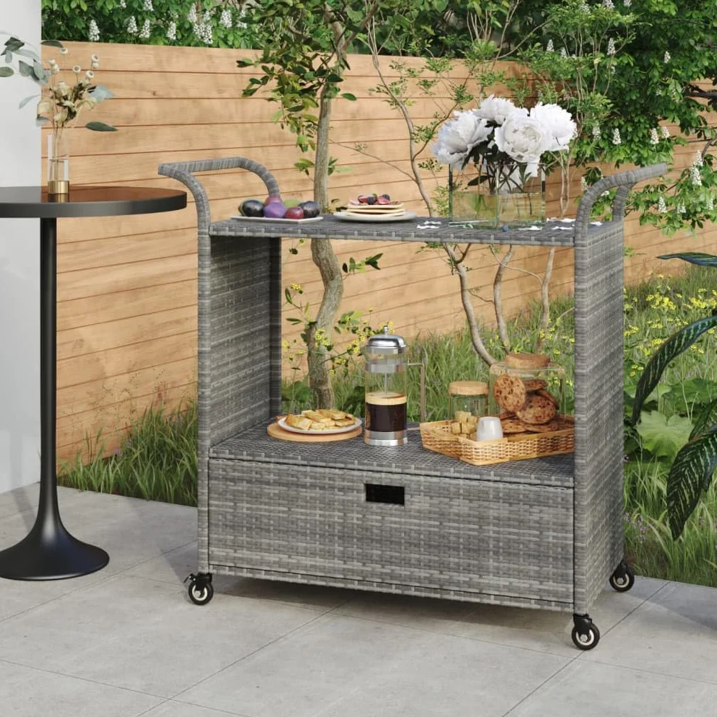 vidaXL Barwagen mit Schublade 4 Rollen Servierwagen Teewagen Küchenwagen Beistellwagen Arbeitswagen Gartenwagen Grau 100x45x97cm Poly Rattan