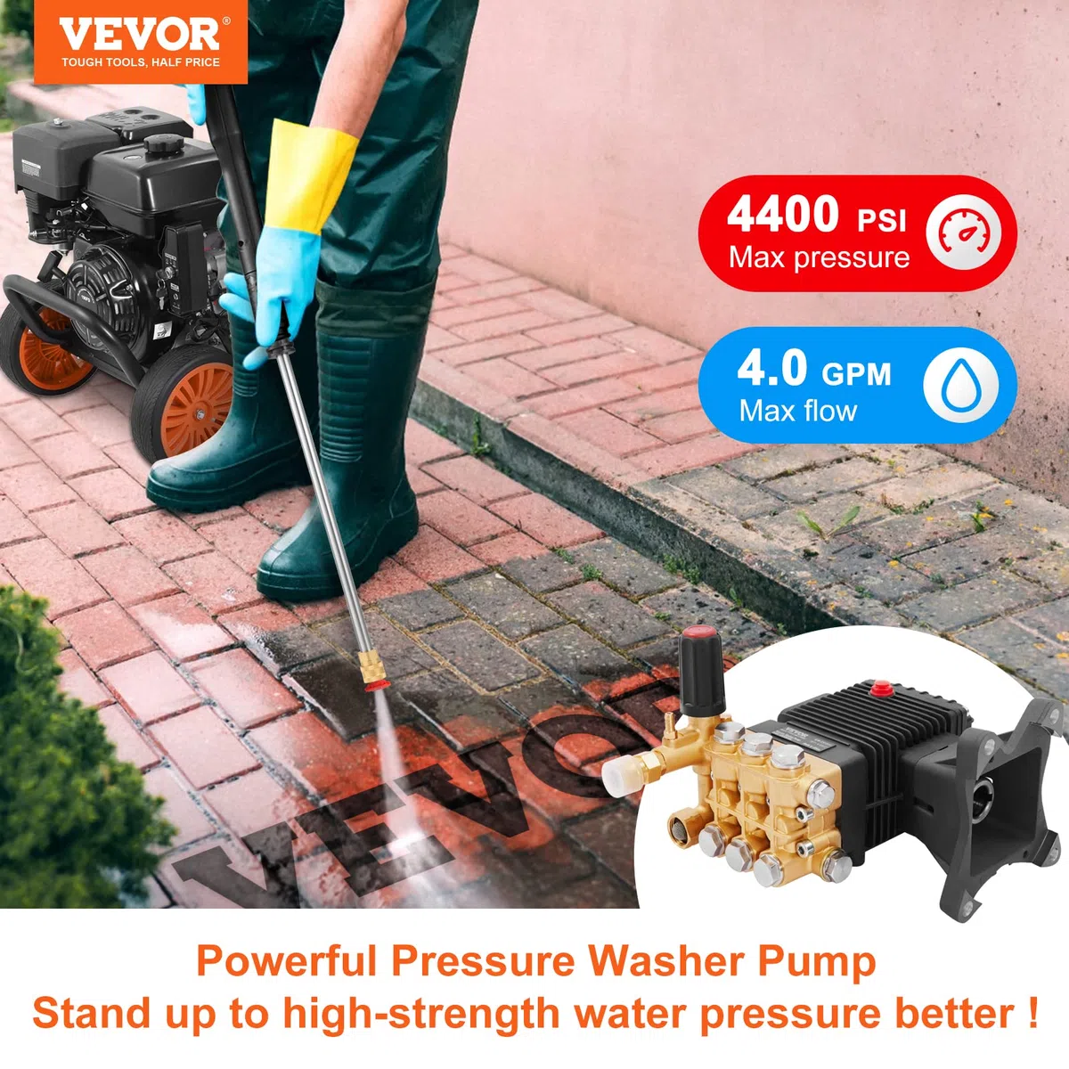 VEVOR Ersatzpumpe für Hochdruckreiniger, 25,4 mm Schaft, horizontaler Triplex-Kolben, 303 bar, 15 L/min Durchfluss, Hochdruckreinigerpumpe, Ideale Lösung zur Erhöhung des Wasserdrucks
