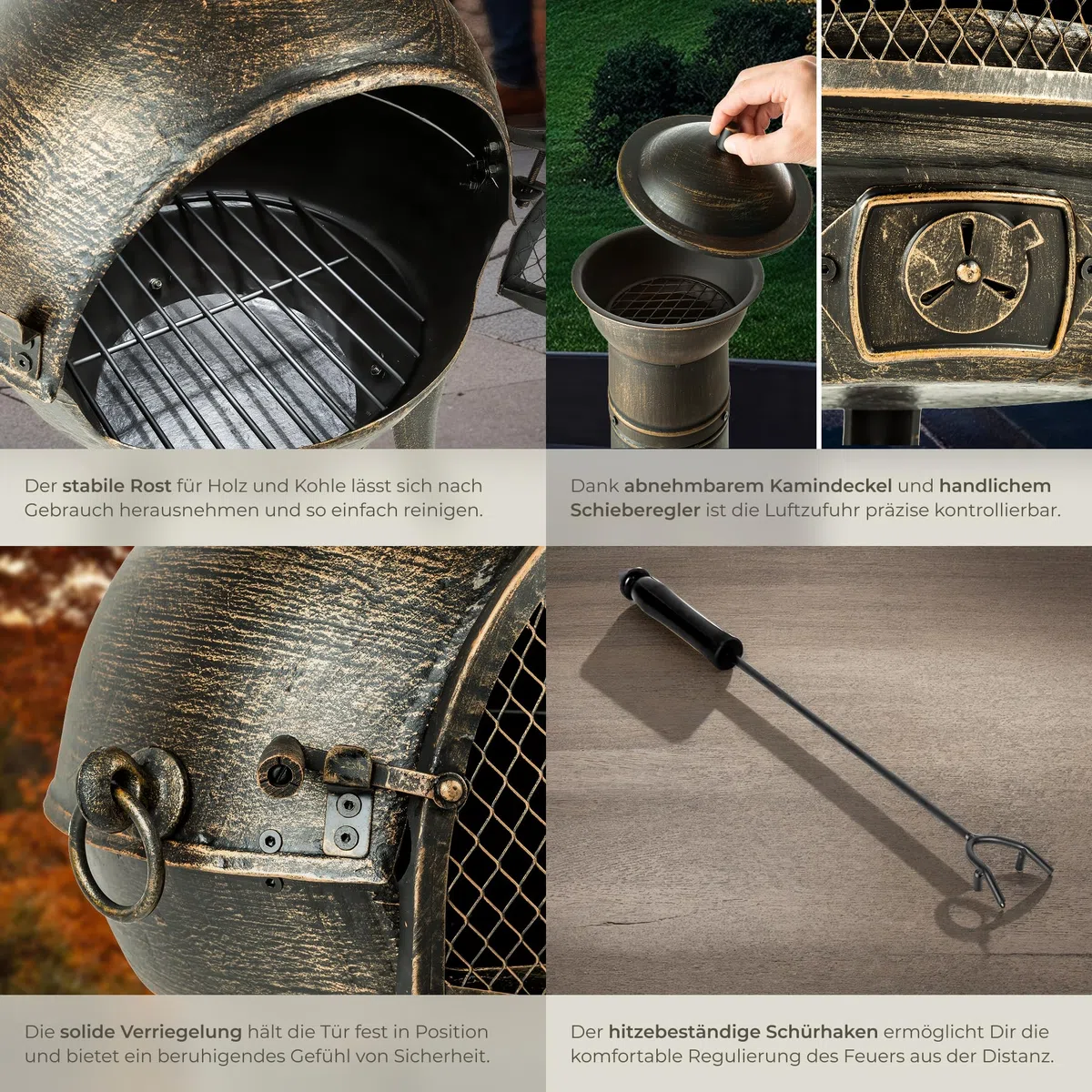 tectake® Vintage Outdoor Terrassenofen, Gartenofen aus Gusseisen, Raketenofen, Aztekenofen mit Funkenschutz, Grill Rost und Schürhaken, Gartendeko Kamin, Deko für Terrassen oder Balkon, Kaminofen