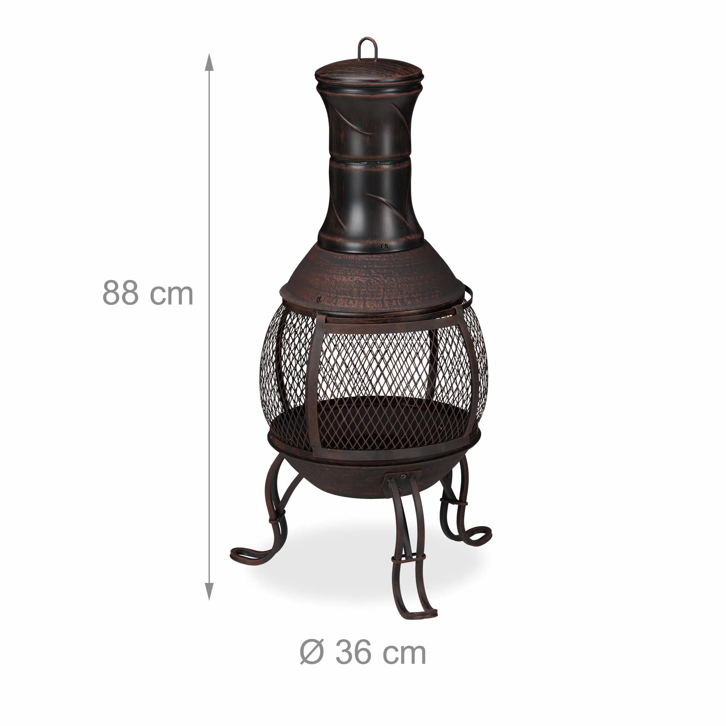Relaxdays Terrassenofen, Stahl & Gusseisen, HxD: 88 x 36 cm, Gartenkamin Funkenschutz, Chiminea, Aztekenofen, rot/Bronze