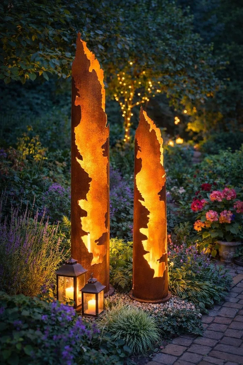 ESTEXO Dekosäule Rostsäule Gartendeko 120 + 150 cm Set Edelrost Säule Pflanzsäule Rost Garten Blumensäule