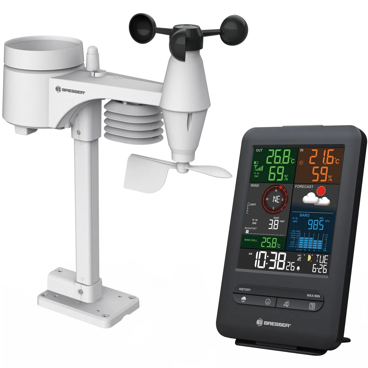 Bresser 7002525 Wetterstation Funk mit Außensensor 5-in-1 Beaufort mit großem Farbdisplay, Sensor für Temperatur, Luftfeuchtigkeit, Luftdruck, Windrichtung und Regenmesser, Schwarz, Einzigartig