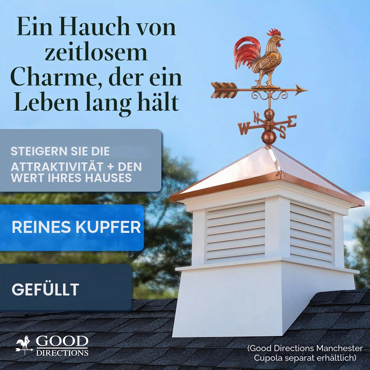 Good Directions 1975RED Wetterfahne Bantam Roter Hahn, reines Kupfer, handgefertigt, Mehrfarbig, Patina