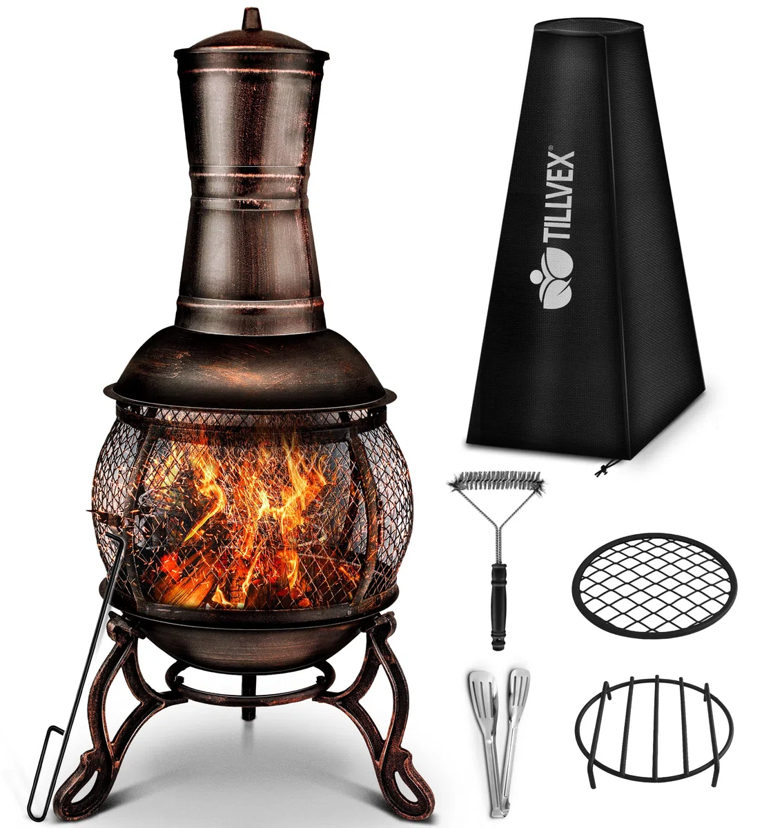 tillvex Terrassenofen mit Funkenschutz und XXL Zubehör | Gartenkamin mit Grillfunktion | Feuerstelle Antik Gartenofen mit Abdeckung BBQ Grillrost Schürhaken Grillzange Bürste (Bronze, 90)