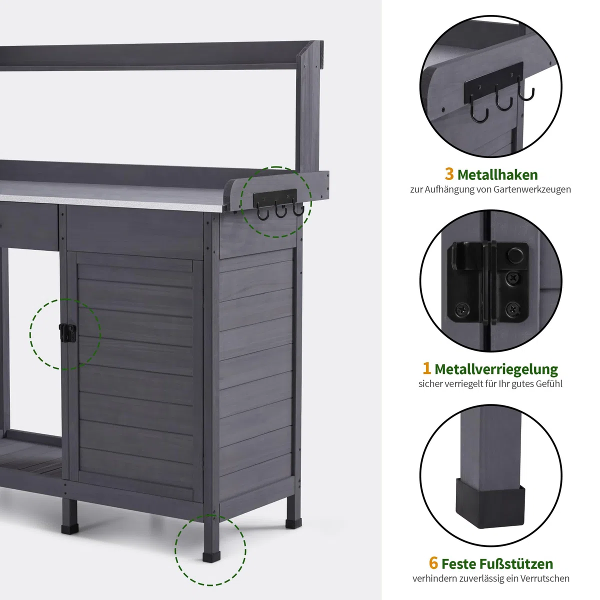 M MCombo Pflanztisch mit Schublade, Ablage, Verzinkter Arbeitsplatte & Schrank, Gärtnertisch Wetterfest mit 3 Haken, Blumentisch Massivholz für Garten, Balkon & Terrasse, 48 x112 x 126 cm, 0440 (Grau)
