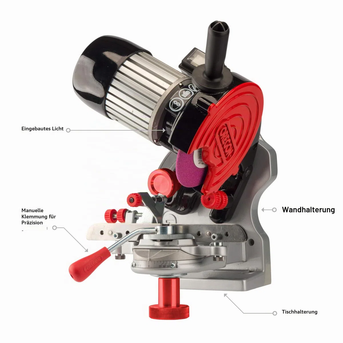 Oregon professionelle 230V Tisch-/Wand Sägeketten Schleifmaschine , für alle Sägeketten von Oregon, Stihl, Husqvarna und mehr, Kettensäge Schärfen - grau/schwarz/rot (410-230)