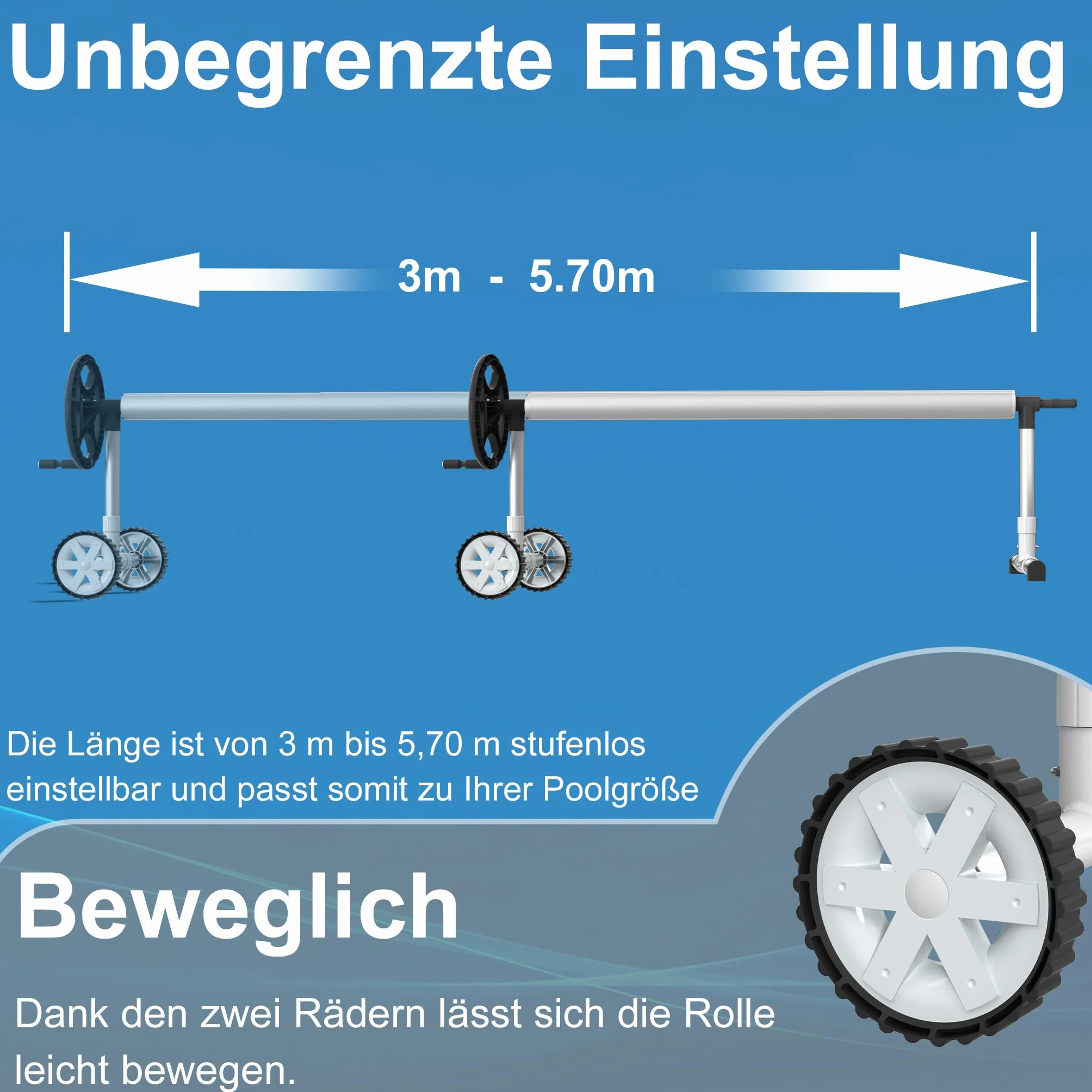 Aufun Pool Aufrollsystem Premium 3-5,70 m mit 2 Reifen, Pool Aufroller für Solarfolie, Aufrollvorrichtung für Poolplane & Abdeckung, inkl. Bänder, witterungsbeständiges Material