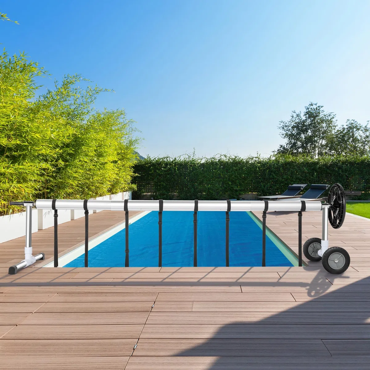 Bonnlo Aufrollsystem für Solar- und Poolplanen, Pool Aufroller bis 5,48m,Aufroller Poolplane aus witterungsbeständiges Material (mit Rädern)