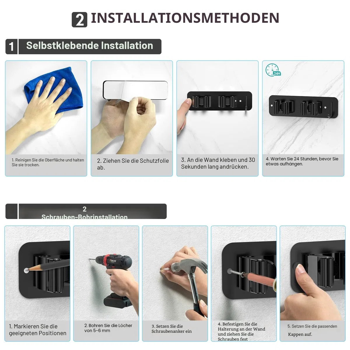 homeasy Besenhalterung Wand 2 Stück Besenhalter Selbstklebend Edelstahl Gerätehalter Ohne Bohren Mop Halter Werkzeughalter Organizer mit Haken und 2 Halter für Küche Badezimmer Garten Balkon
