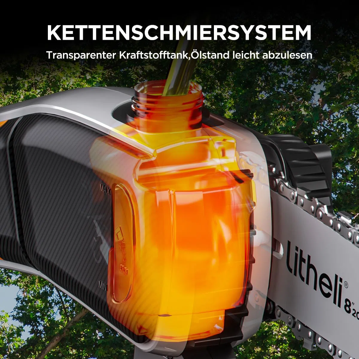 Litheli Hochentaster Akku, Astsäge Teleskop Akku zum Schneiden und Beschneiden von Ästen (2 x 2,0Ah, 8 m/s Kettengeschwindigkeit, 20 cm Schwertlänge, 140 ml autom. Kettenschmierung, Zubehör)