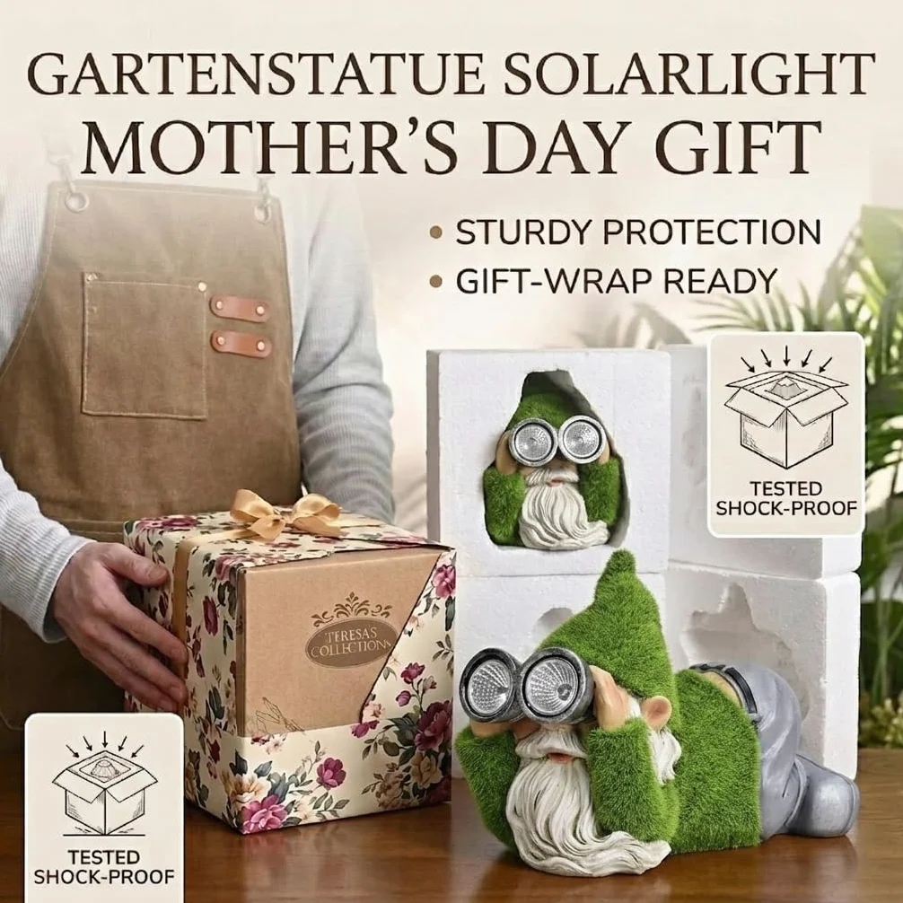 TERESA'S COLLECTIONS Lustig Gartenzwerge Gartendeko für Draußen Zwerge mit Solarleuchte beflockter Gartenfiguren aus Harz Wasserfest, Figur Geschenke für Frauen/Mama Papa,19cm