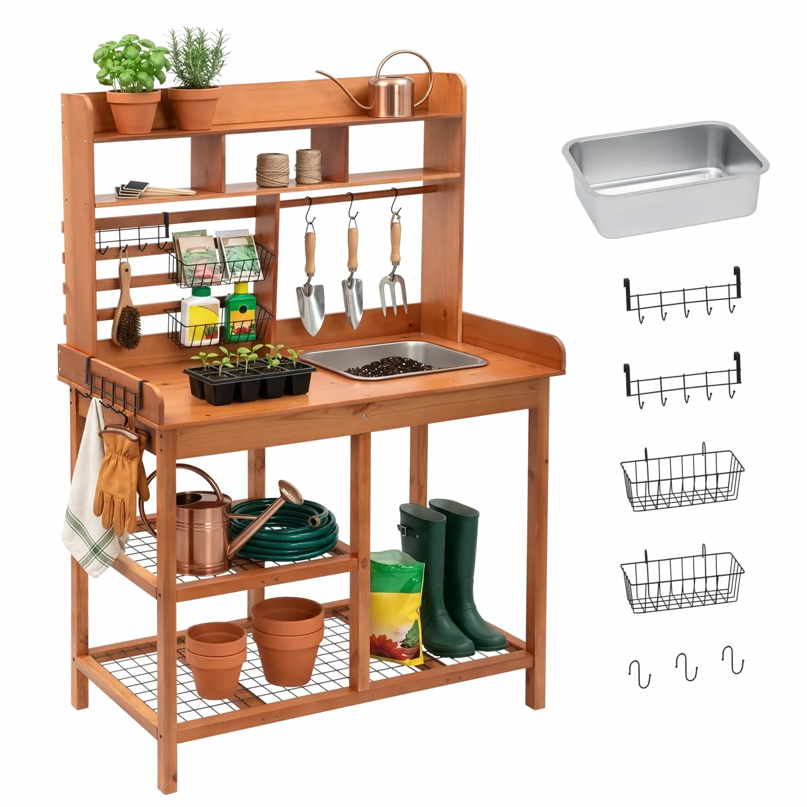 OOOK Pflanztisch Outdoor Wetterfest, Pflanztische mit Waschbecken aus Nordischer Schottkiefer, Blumentisch Gärtnertisch mit Haken, Garten Arbeitstisch für Garten Balkon Terrasse