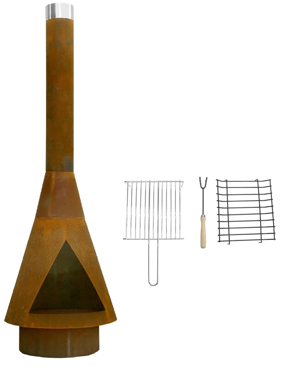 Yerd Gartenkamin Denver XXM 2 Meter 200 cm aus Corten-Stahl inkl. Grill-Rost Set mit Verlängerung