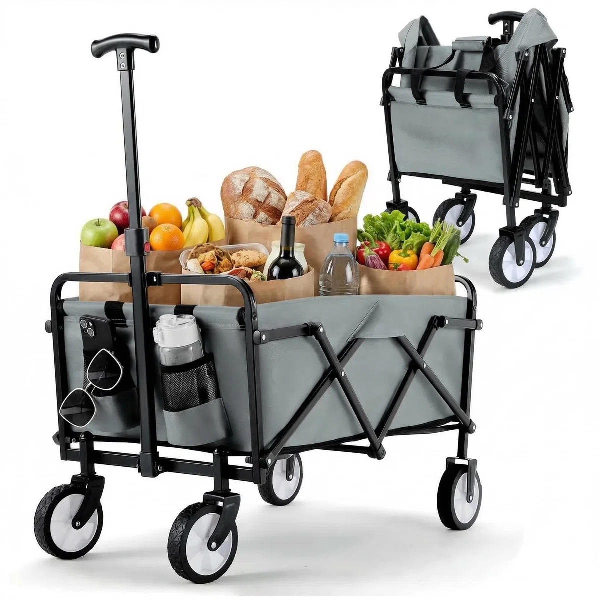 Bollerwagen Faltbar Handwagen All Terrain Räder, Gartenwagen mit Getränkehalter verstellbarem Griff, Transportwagen Klappbar Strandwagen, Gartenkarre, Einkaufswagen, Camping (Grau)