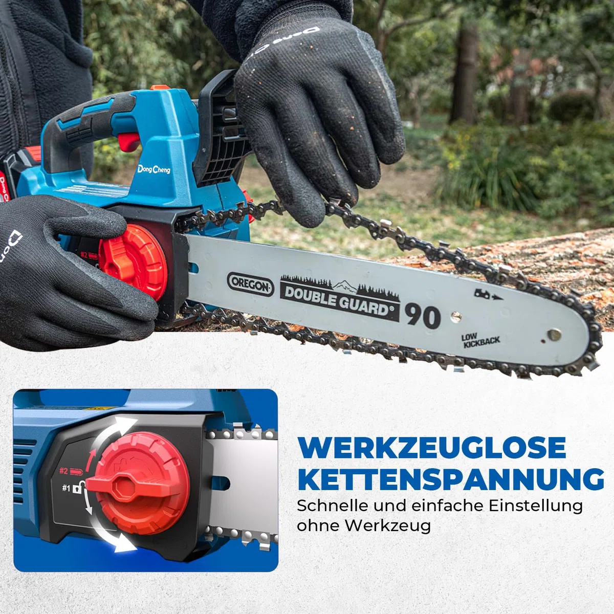 DongCheng Akku Kettensäge 20V, bürstenloser Motor, 12 m/s Kettengeschwindigkeit, 30cm OREGON-schwert/-kette, werkzeuglose Kettenspannung, automatische Kettenschmierung, inkl. 2x4,0 Akku & Ladegerät