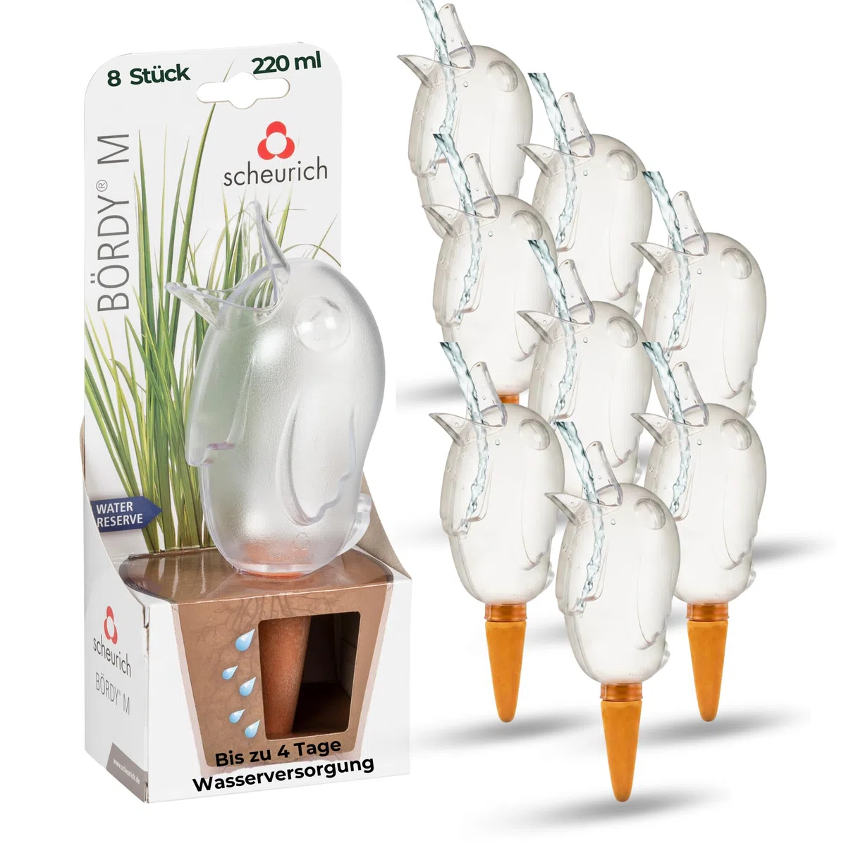 Scheurich Wasserspender Bördy M | 8 x Klar | 220ml Füllmenge | Bewässerungskugeln klein mit Ton Fuß | Wasserspender Pflanzen und Blumen Terrakotta Stiel
