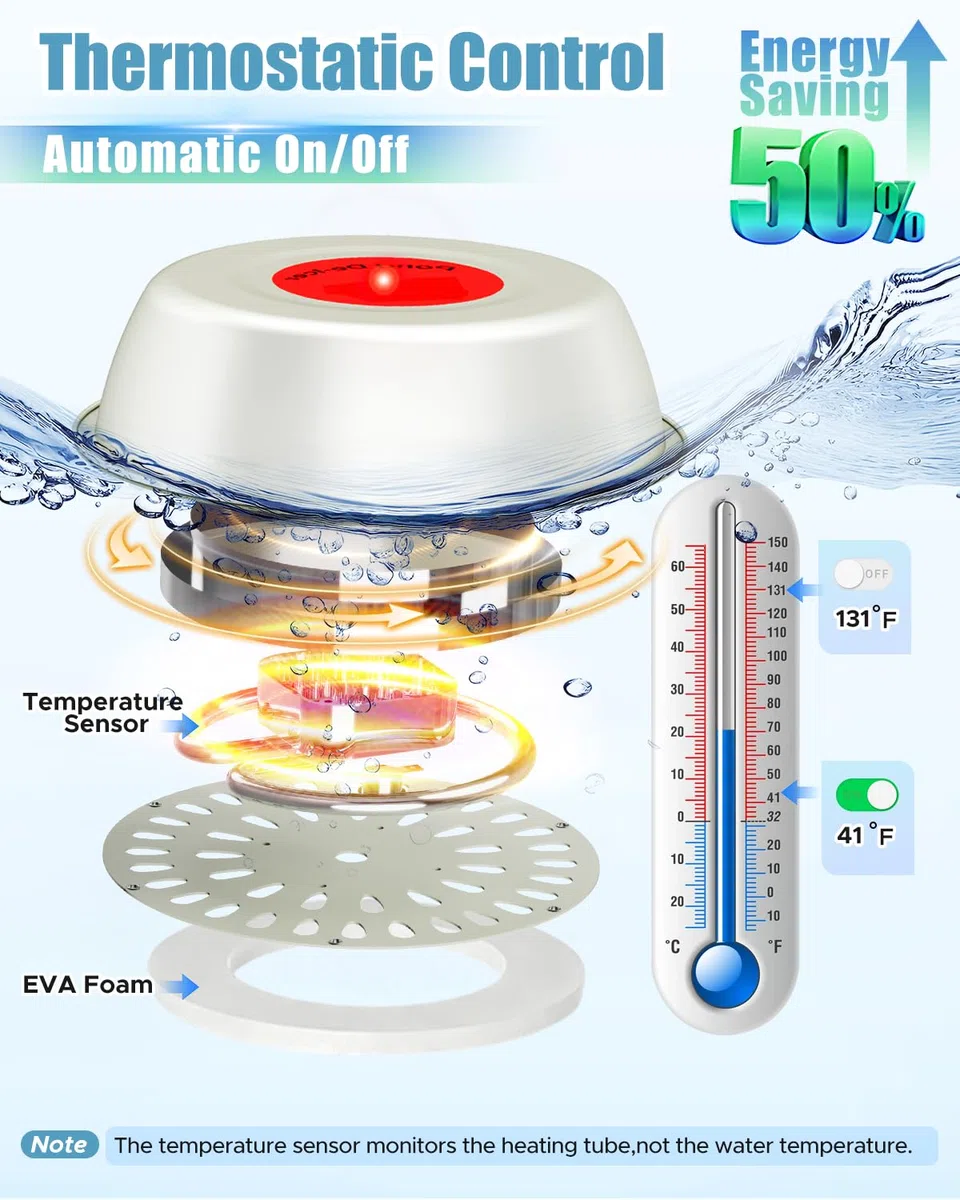 1000 W kleine Teichheizung, Teichheizungen für Außenteiche mit Fischen, schwimmender Teichenteiser mit Thermostatgesteuerter und LED-Anzeige, automatisches Ein-/Ausschalten, langlebige
