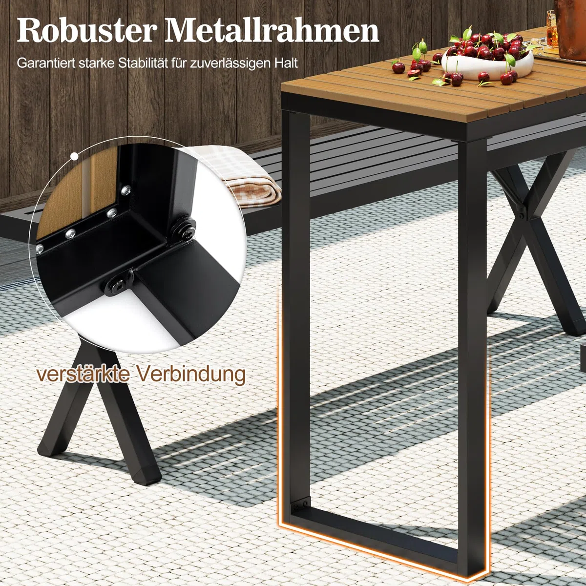 COSTWAY Gartentisch wetterfest, 129x42cm, Terrassentisch mit WPC-Tischplatte und Metallrahmen, rechteckiger Balkontisch, Outdoor-Esstisch für Balkon, Terrasse, Garten