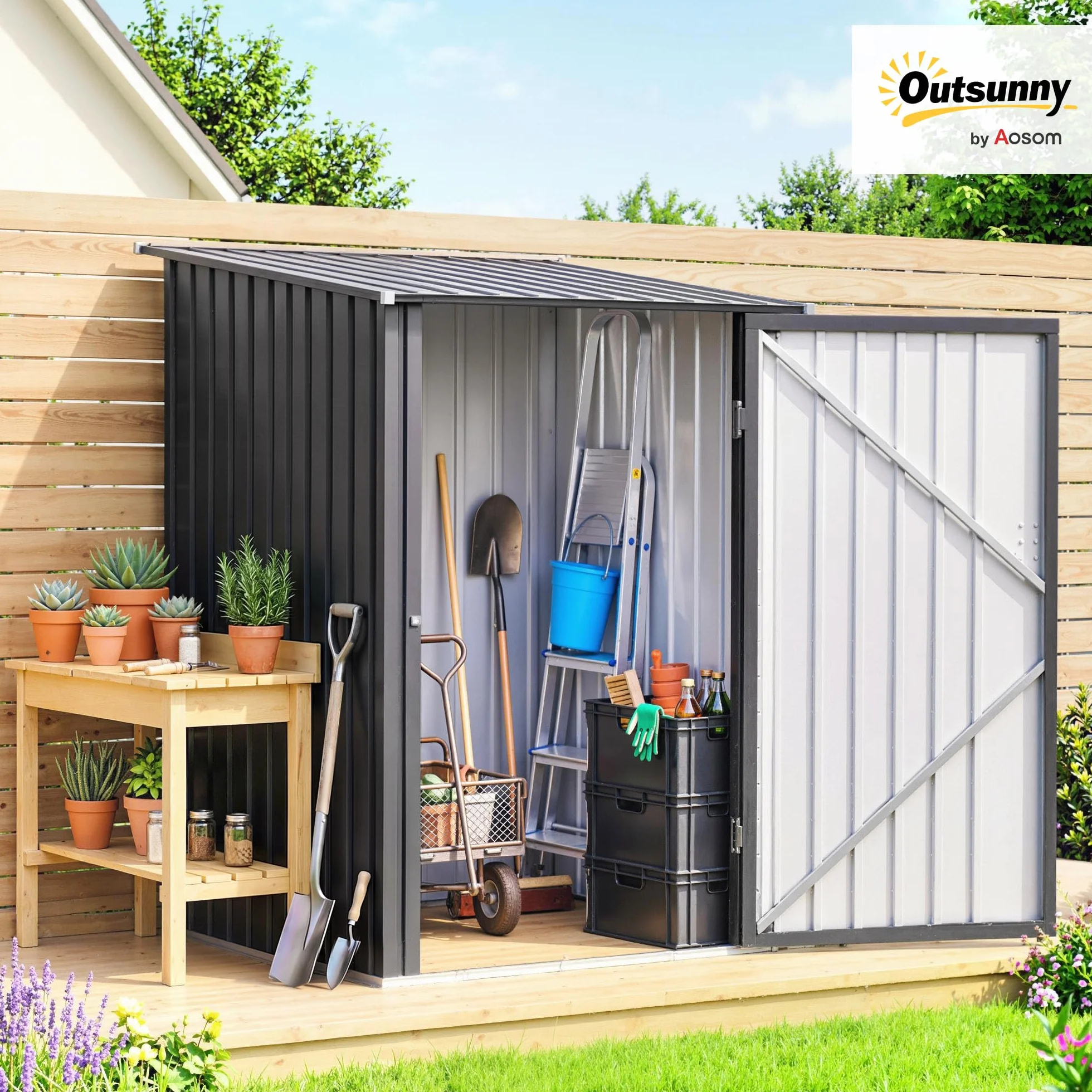 Outsunny Metall Gerätehaus 0,92 m² 100x103x160cm Geräteschuppen mit Pultdach Abschließbarer Tür Gartenhaus Outdoor Garten Schuppen Schrank für Hinterhof Außenbereich Dunkelgrau