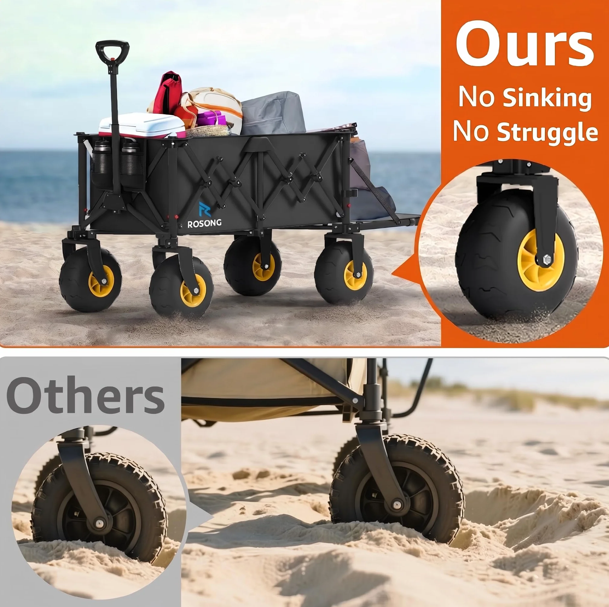 ROSONG Bollerwagen Faltbar, Klappbarer Bollerwagen Strand Mit Heckklappe, Strandwagen mit Breiten Reifen für Sand, Transportwagen für Garten Camping Familie Schwarz