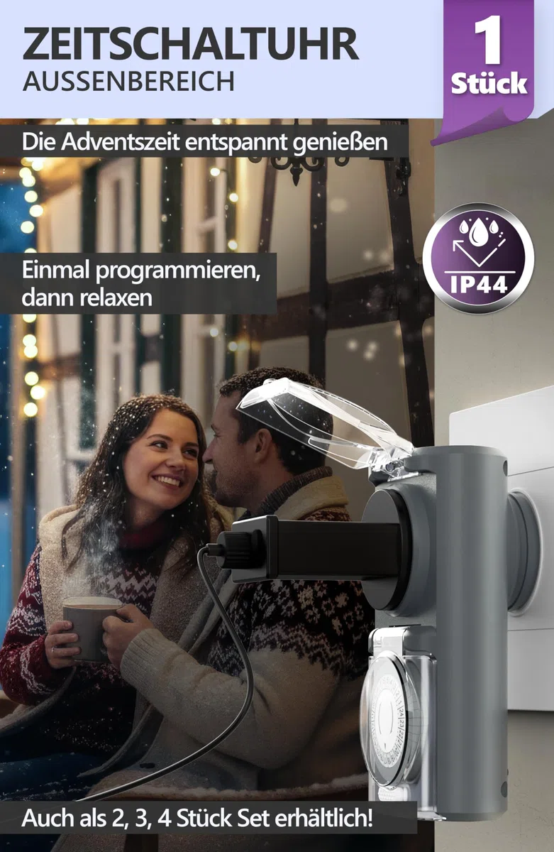 Premium Zeitschaltuhr Aussenbereich - 1 Stück - Zeitschaltuhr Steckdose außen IP44, mechanischer Zeitschalter analog außen - Outdoor Timer, Zeitschalter für Steckdose außen, hohe Schaltleistung