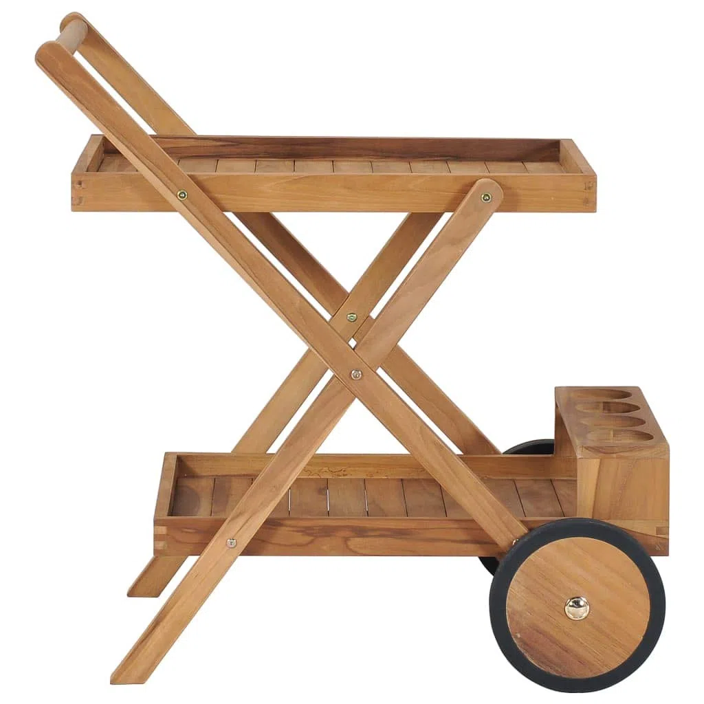 vidaXL Teak Massiv Teewagen mit 4 Flaschenhalter Servierwagen Küchenwagen Küchentrolley Rollwagen Getränkewagen Allzweckwagen 54x82x83cm