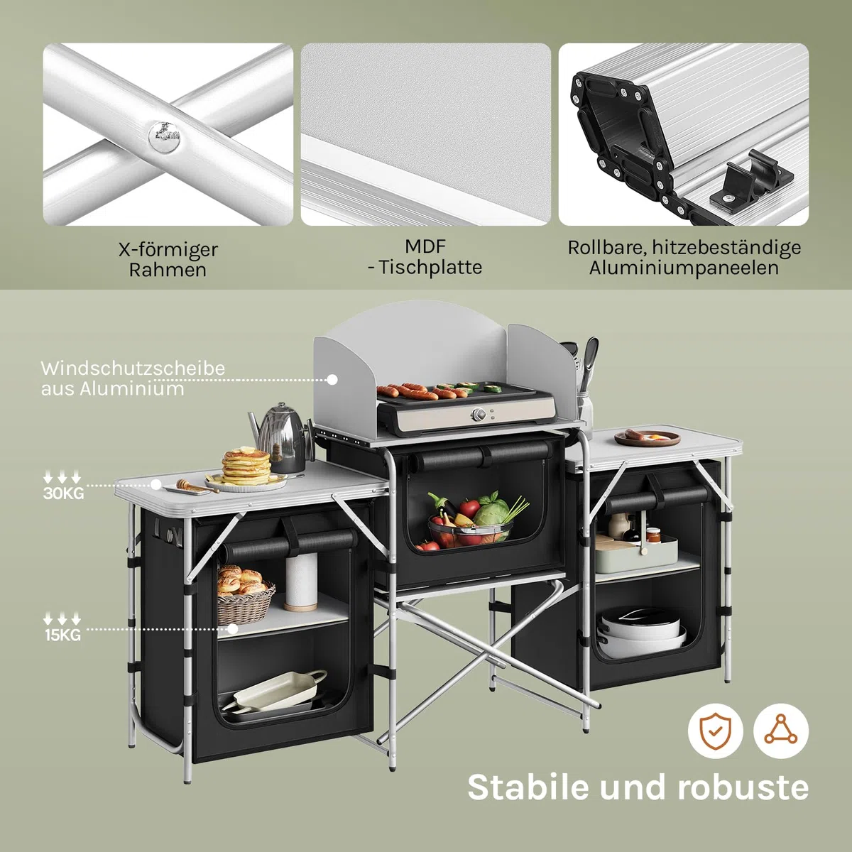 WOLTU Campingküche, Campingschrank faltbar, Outdoor Küche mit Arbeitsplatten Staufächern, Camping Tisch, Reiseküche, inkl. Tragtasche, Aluminium MDF, Schwarz