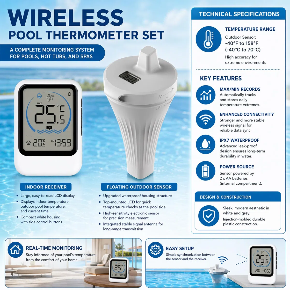 Poolthermometer Digital Funk, IP68 Wasserdichtes Schwimmendes Pool Thermometer mit LCD Display, Kabelloses Wasserthermometer für Pools, Aquarien, Teiche und Badewannen