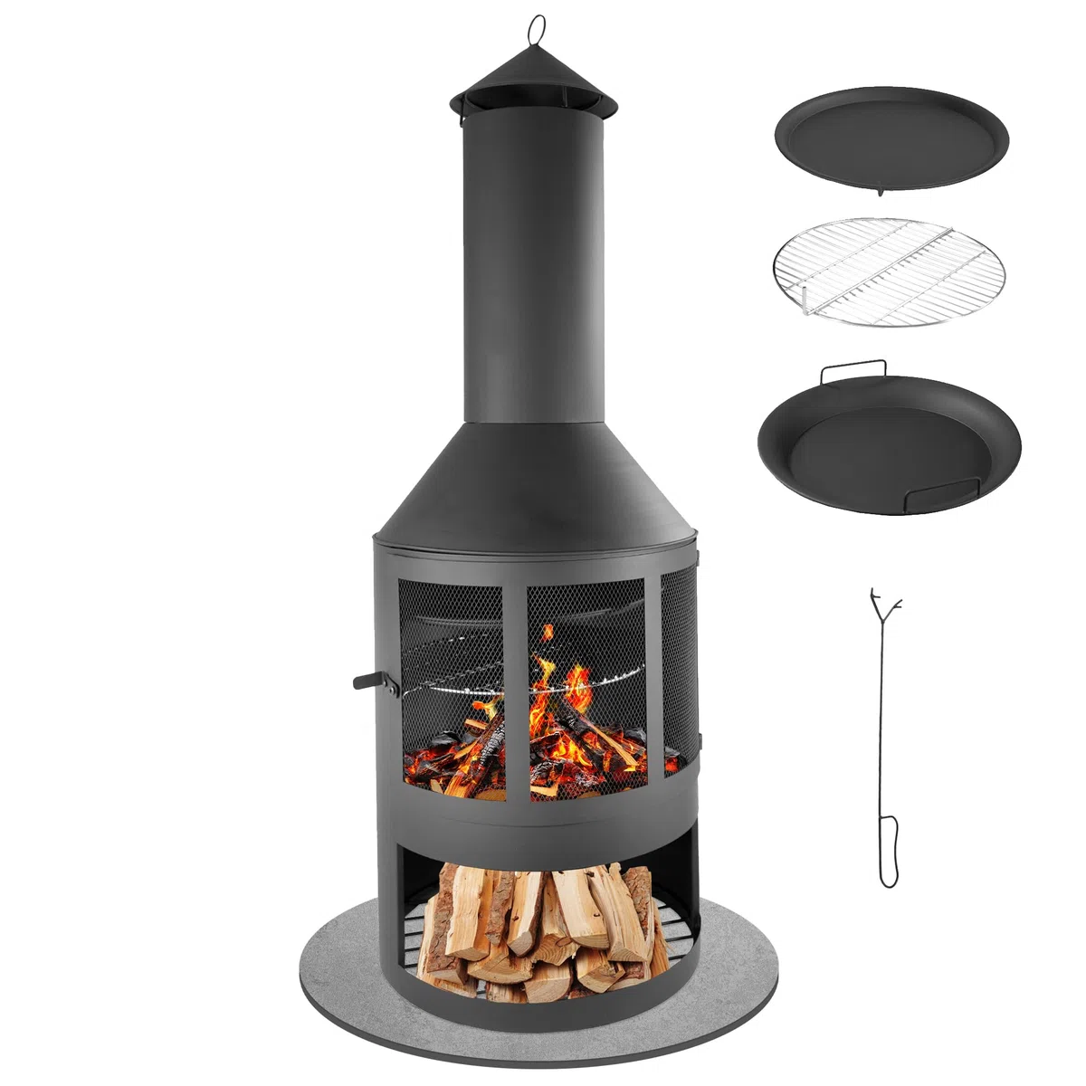 Lemodo Gartenkamin mit Grillrost und Pfanne, Outdoor-Kamin 136 cm mit Funkenschutztür, Grillkamin für Holz mit Schornstein, Terrassenofen mit Holzablage, Feuerstelle und Gartenofen